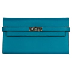 Hermes Colvert Blue Epsom Leather Kelly Longue Wallet w/ Palladium