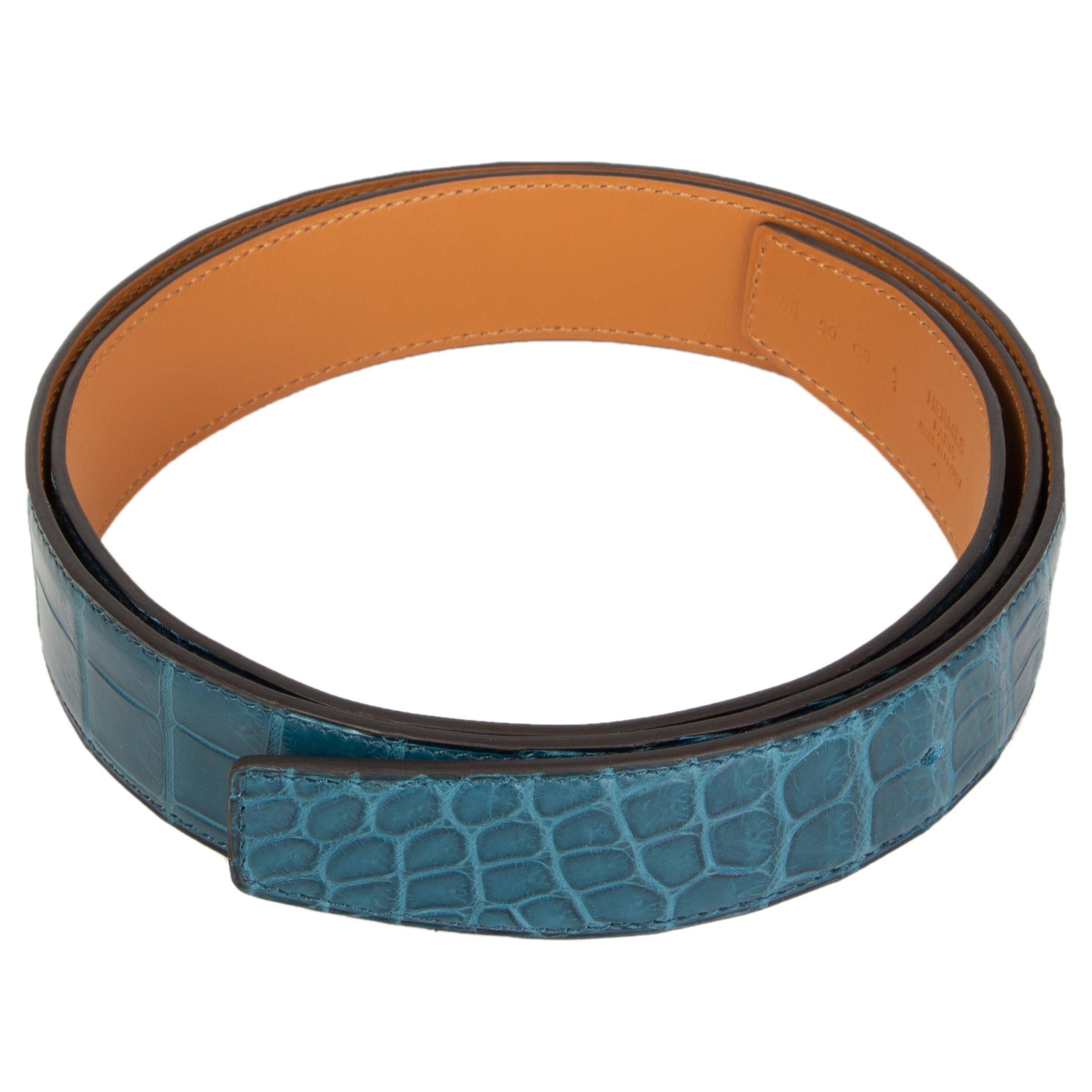 HERMES Colvert blue SHINY PRORSUS CROCODILE 32mm Belt Strap 90