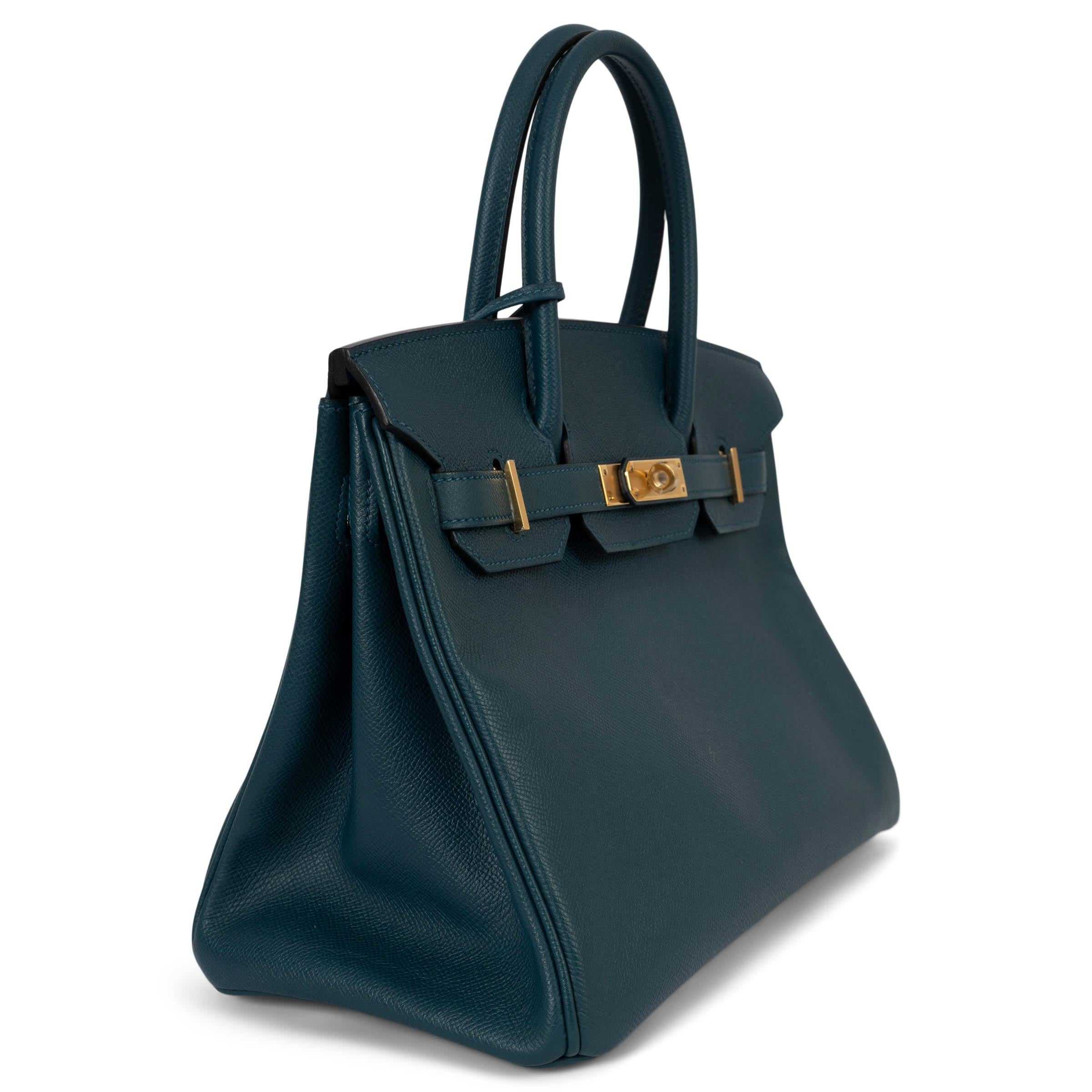 100% authentic Hermès Birkin 30 bag in Bleu Colvert petrol blue Veau Epsom leather with gold-plated hardware. Lined in Chevre (goat skin) with an open pocket against the front and a zipper pocket against the back. Brand new. Comes with dust bag and