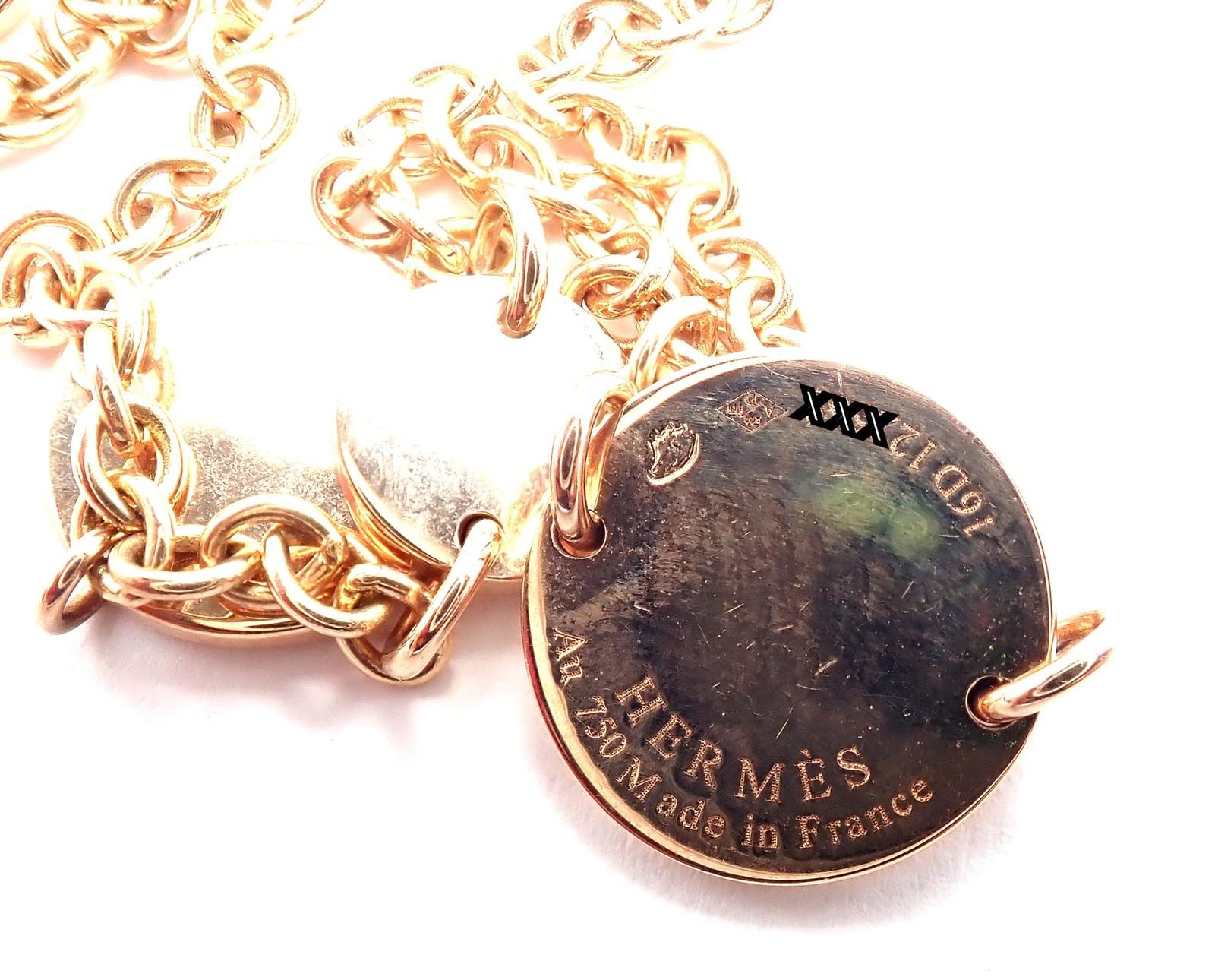 Collana a catena lunga con coriandoli in oro rosa 18k di Hermes. 
Questa collana di Eleg Confetti è caratterizzata da un'eleganza giocosa con dischi lucidi sparsi lungo una catena a maglie lunghe 42 pollici, realizzata in lussuoso oro rosa 18