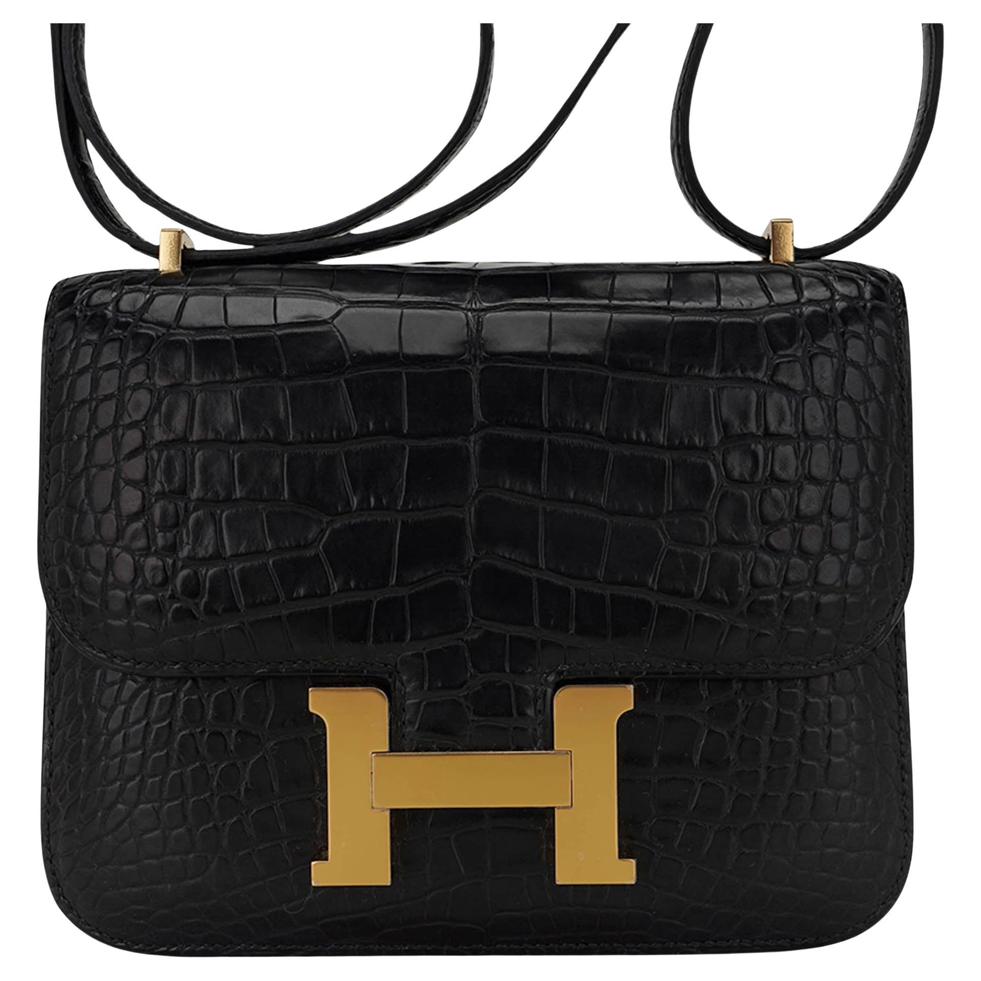 Hermes Constance 18 Bag Black Matte Alligator Gold Hardware and Mirror For Sale