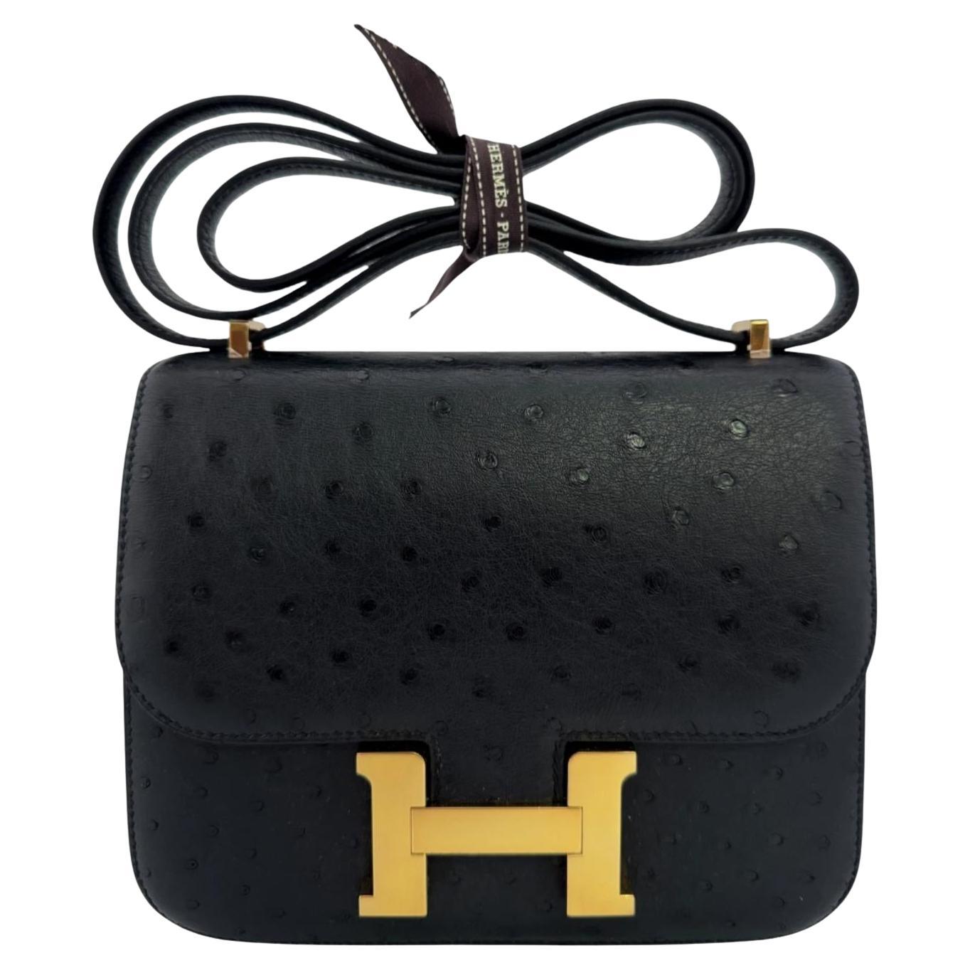 Hermes Constance 18 Mini Black Noir Ostrich Leather Gold Hardware Shoulder Bag For Sale