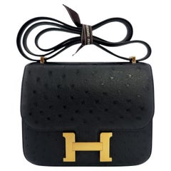 Hermes Constance 18 Mini Black Noir Ostrich Leather Gold Hardware Shoulder Bag