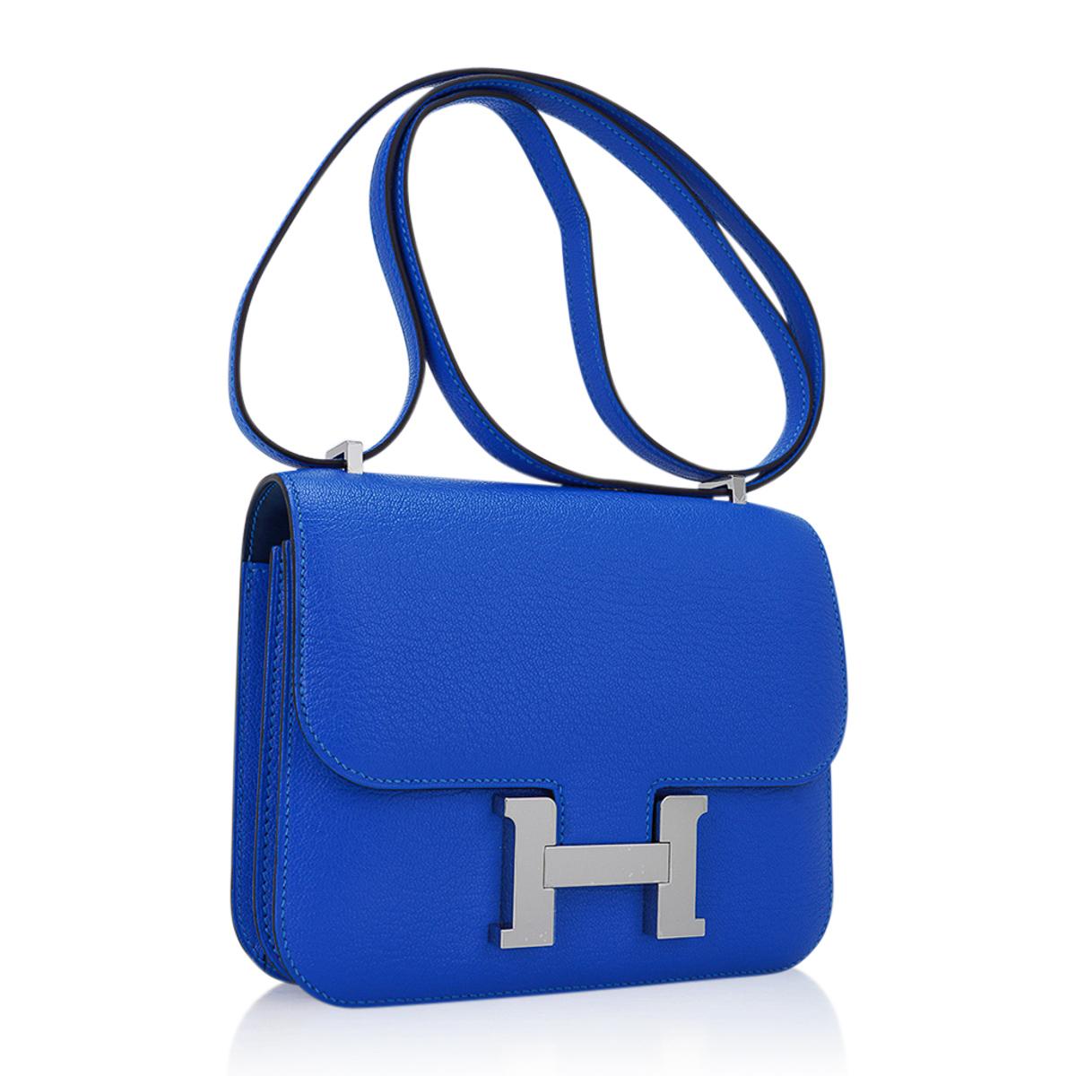 Mightychic offers an Hermes Constance 18 bag featured in Bleu Hydra with Deep Bleu interior.
Chevre leather has a natural exotic grain and its rich saturated highlights the colour to stunning effect.
Accentuated with Palladium hardware.
HERMES PARIS