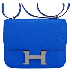 Hermès - Sac Constance 18 Verso Hydra Bleu / Bleu profond en cuir de chèvre avec finitions en palladium