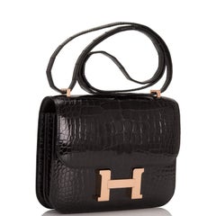 Hermes Constance 18cm Black Alligator Rose Gold