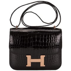 Hermes Constance 18cm Black Alligator Rose Gold 