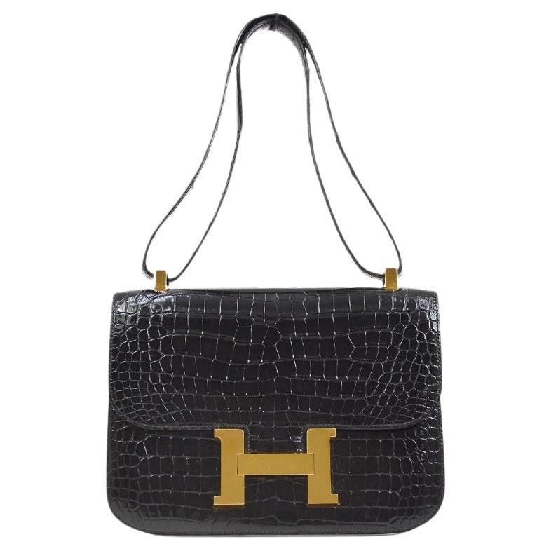 HERMES Constance 23 Black Crocodile Exotic Gold Hardware Small Shoulder Flap Bag