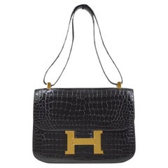 HERMES Constance 23 Black Crocodile Exotic Gold Hardware Small Shoulder Flap Bag