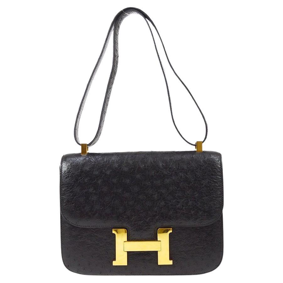 HERMES Constance 23 Black Ostrich Exotic Gold Evening Shoulder Flap Bag