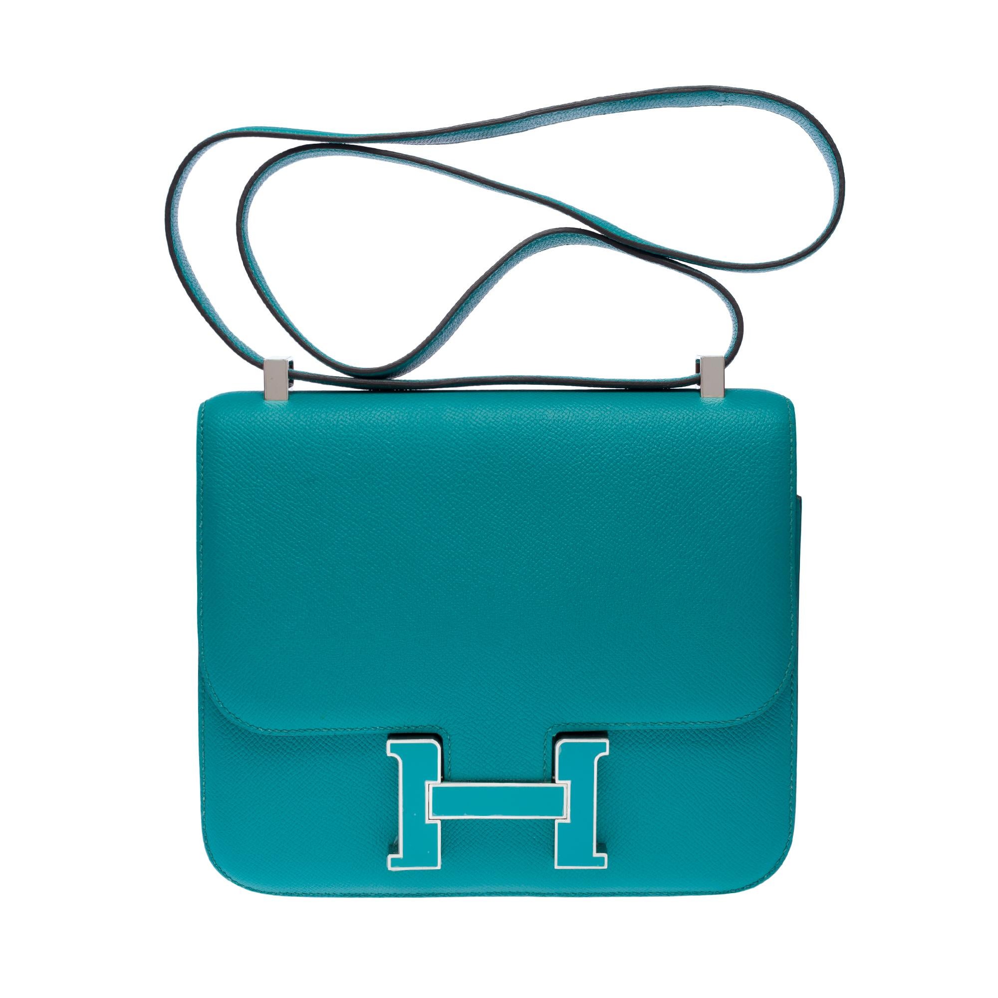 Orange Hermès Constance 23 enamel shoulder bag in Paon blue Epsom calf leather , PHW For Sale