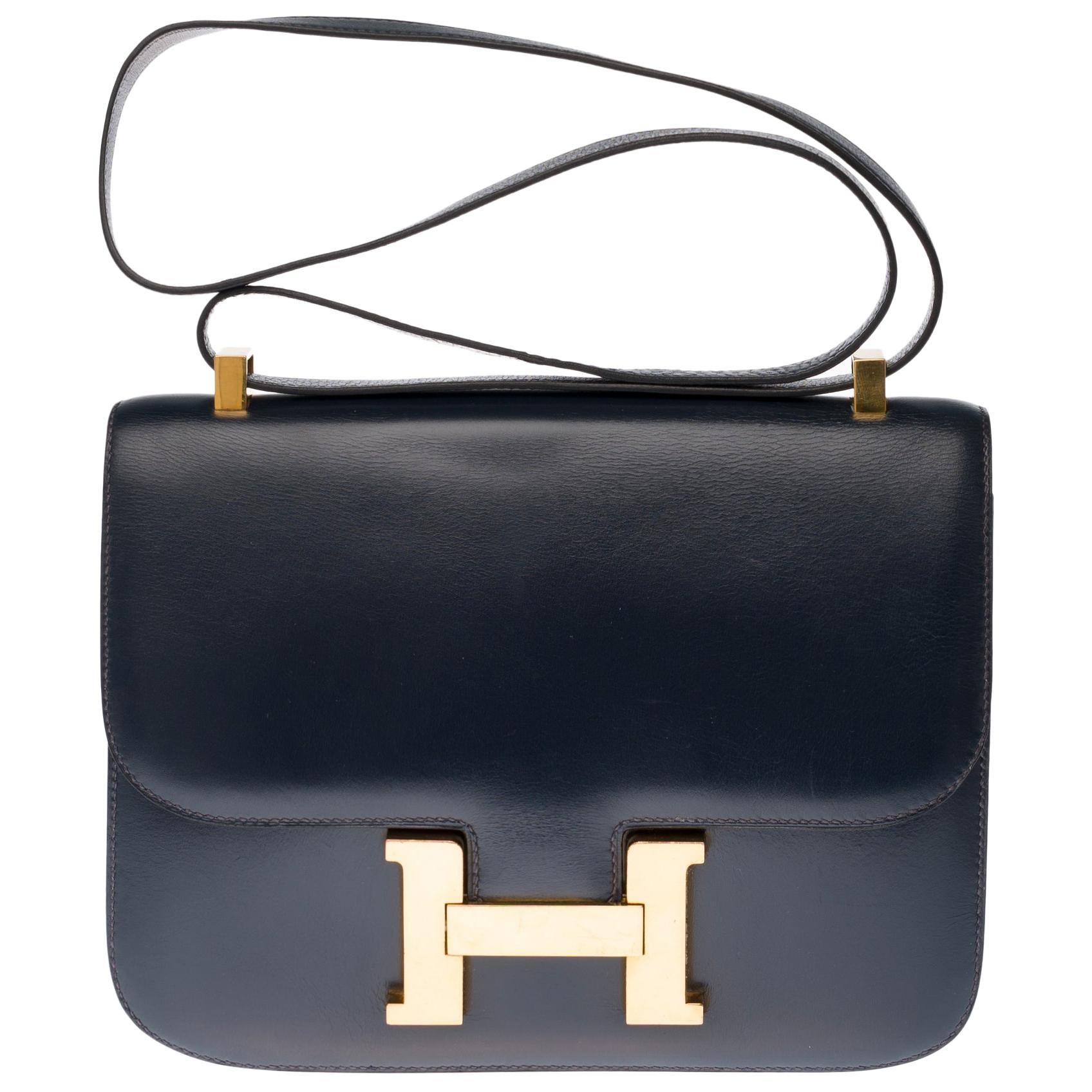 Hermes Constance 23 shoulder bag in navy blue box calfskin with gold hardware !