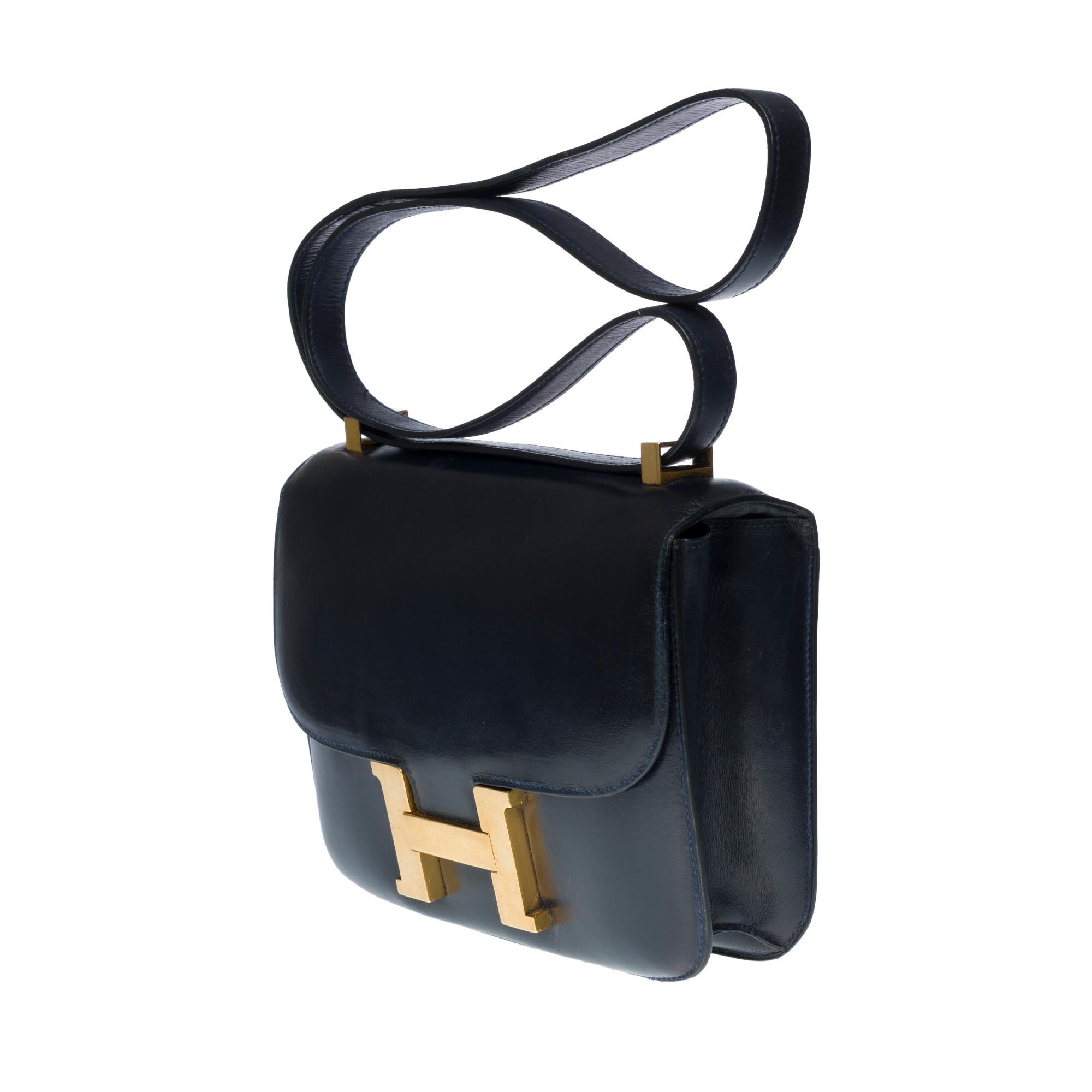 Black Hermes Constance 23 shoulder bag in navy blue calfskin with gold hardware !