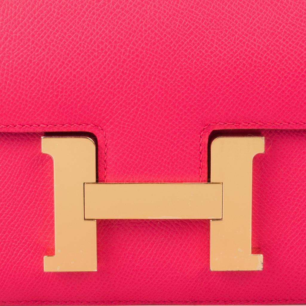 Guaranteed authentic Hermes Constance 24 bag features rich Rose Extreme in Epsom leather.
Epsom leather is often used for vivid colours as it elevates bright dyes 
Lush with gold hardware.
Carried by hand, over the shoulder, or even cross body!