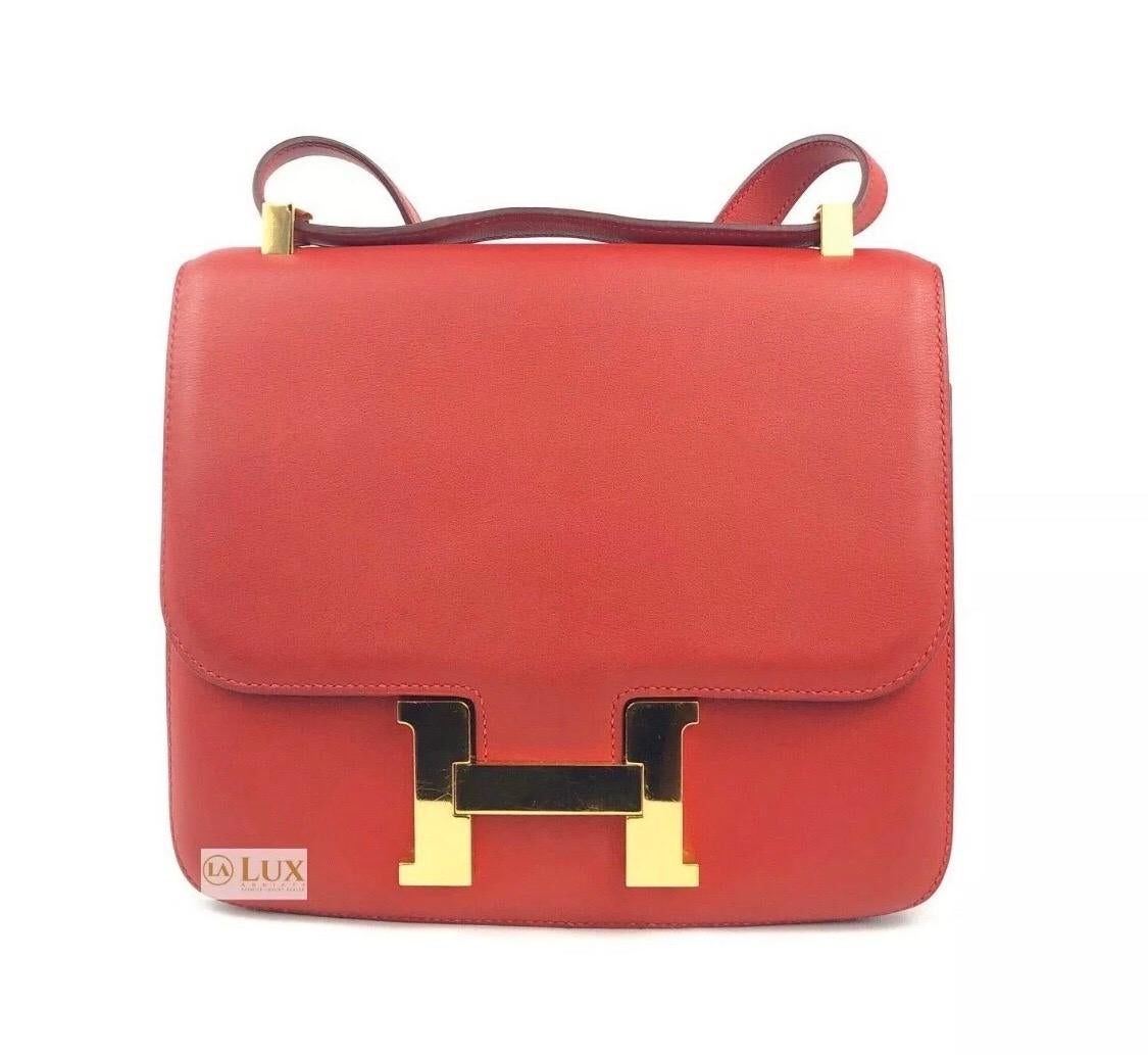 Hermes Constance 24 Rouge Casaque Rec Gold Hardware X Stamp 2016. Excellent Condition, some regular scratching on Hardware.

Shop with confidence from Lux Addicts. Authenticity guaranteed!