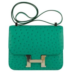 Hermès Constance 24cm Vert Vértigo Piel de avestruz Herrajes paladio