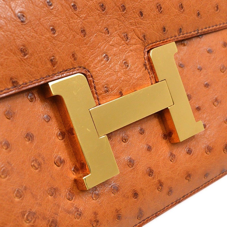 Cognac Constance Mini in Ostrich Leather with Gold Hardware