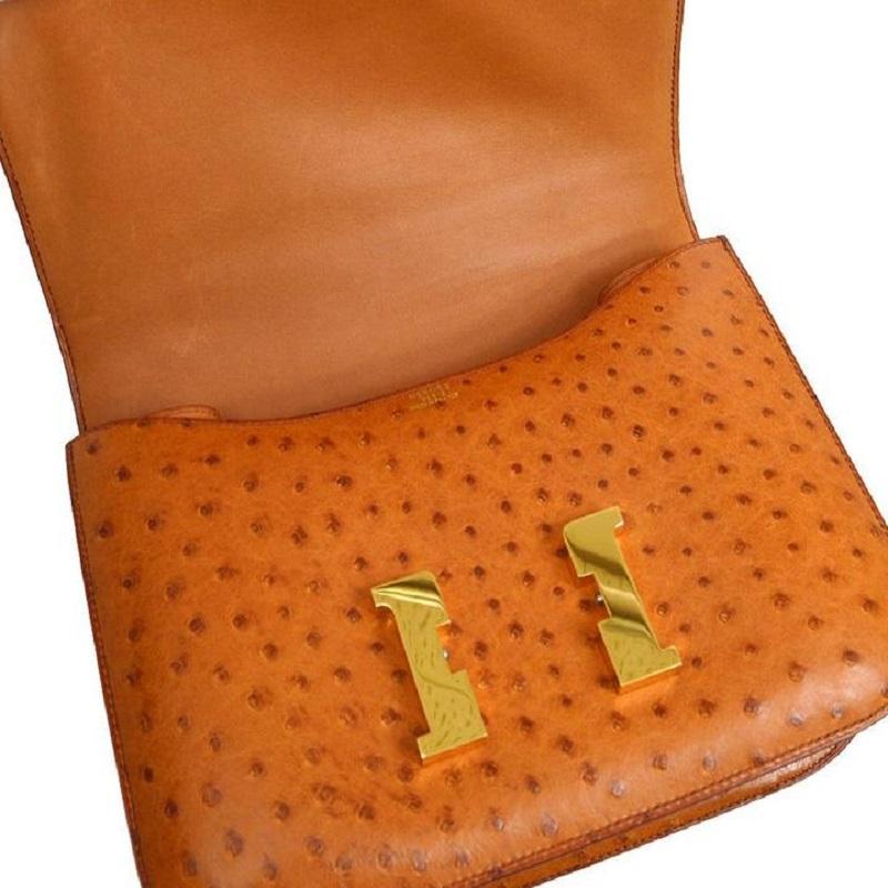 Hermès Constance 25 Cognacbraune exotische Gold-Umhängetasche aus Straußenleder (Braun) im Angebot