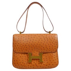 HERMES Constance 25 Cognac Brown Ostrich Exotic Gold Shoulder Flap Bag