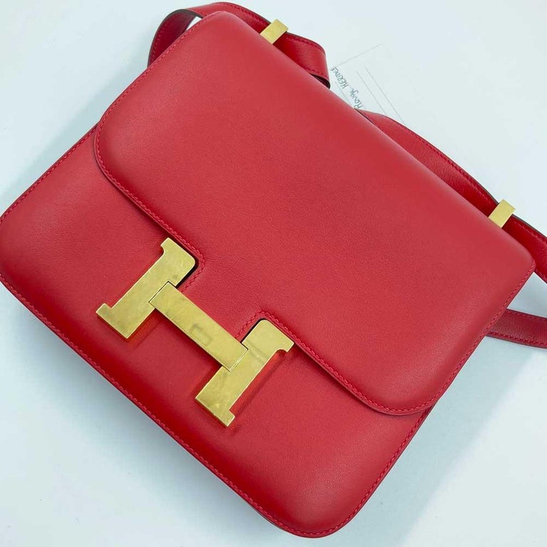Brown HERMES Constance Bag in Rouge Casaque Swift Leather For Sale
