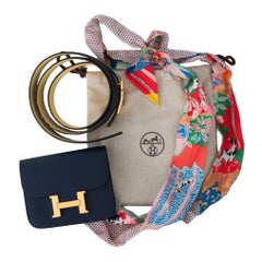 Hermès Constance Belted Wallet in Blue Evercolor Leather with Silk Twilly