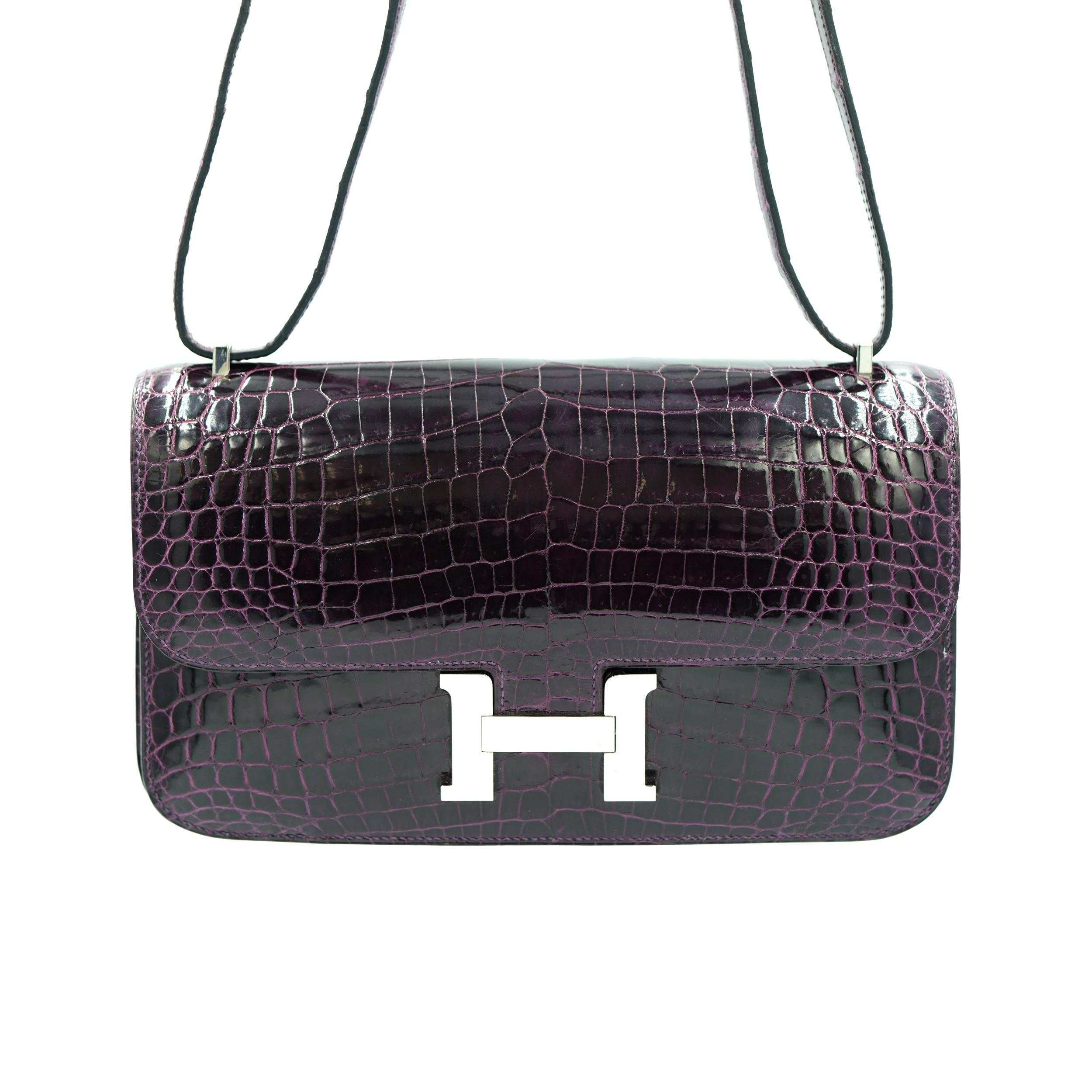 Donna Hermès Constance Elan 25 Ametista Lucido Coccodrillo Nilotico e Palladio Duro in vendita