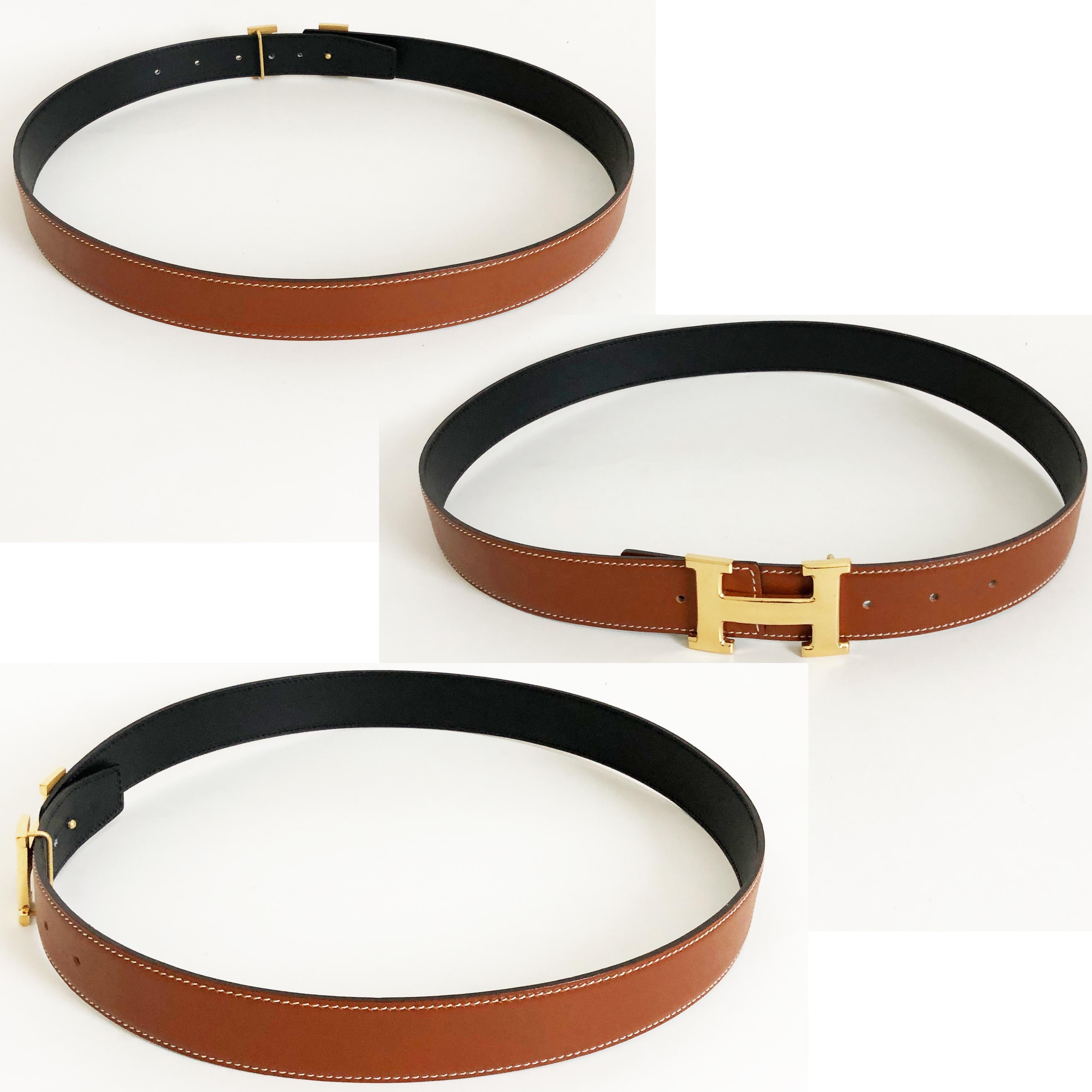 Women's Hermes Constance Gold Buckle & Belt Strap Reversible Noir Natural 75cm