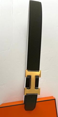 Hermes Constance Gold H belt buckle Reverse White Vert de Gris leather strap 32