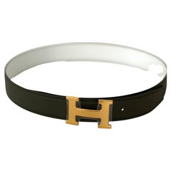 Hermes Constance Gold H belt buckle Reverse White Vert de Gris leather strap 32