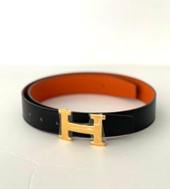Hermes Constance Gold H belt buckle Reversible Orange Black leather strap 32 mm