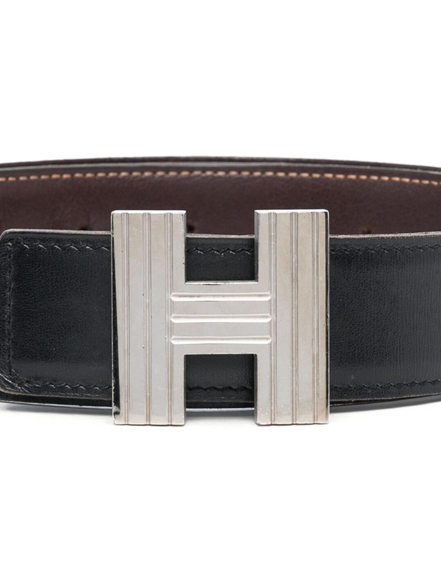 Hermes Constance H Silver Buckle and Black and Brown Leather Reversible Belt In Good Condition For Sale In Paris, FR
