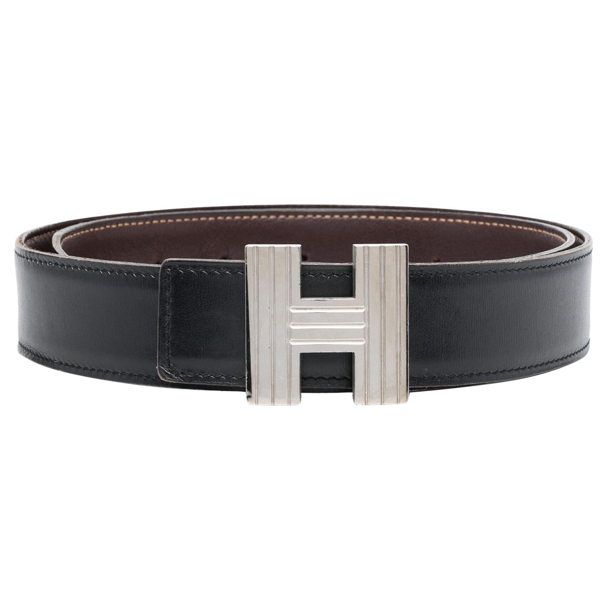 Cinturón reversible Hermes Constance H Hebilla plateada y piel negra y marrón en venta