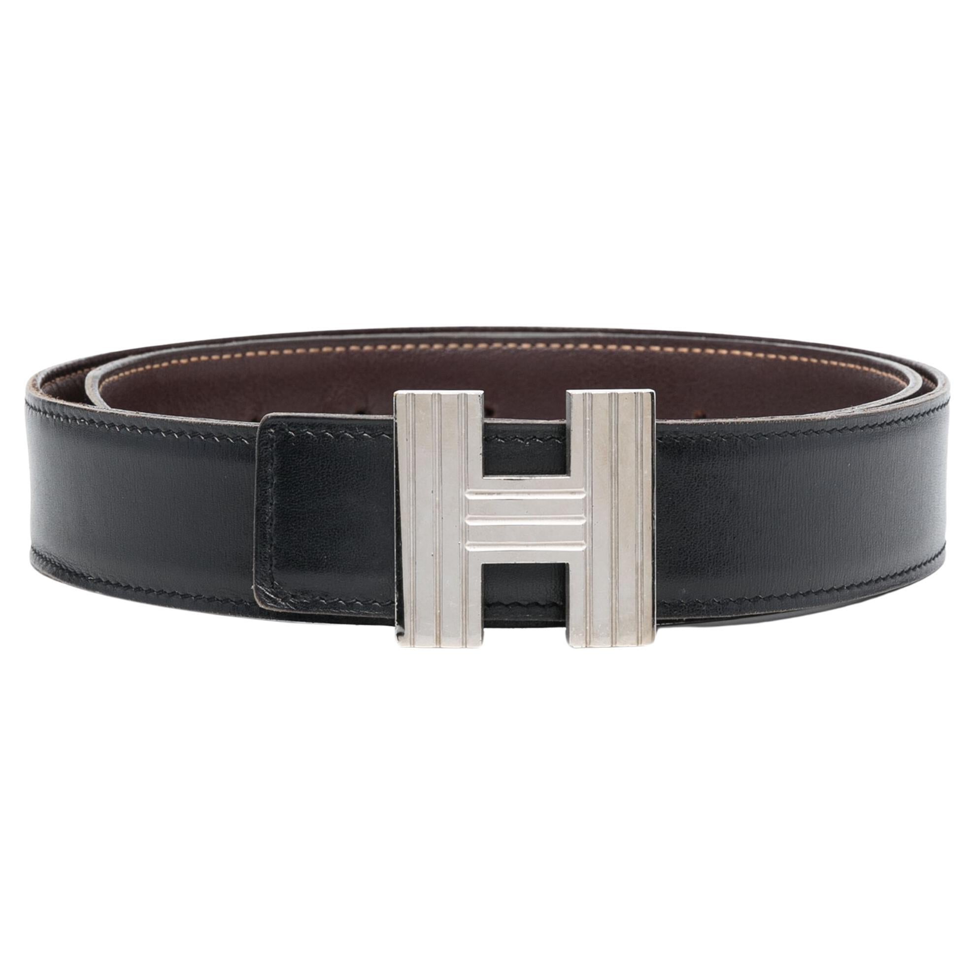 Hermes Constance H Silver Buckle and Black and Brown Leather Reversible Belt For Sale