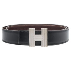 Cinturón reversible Hermes Constance H Hebilla plateada y piel negra y marrón
