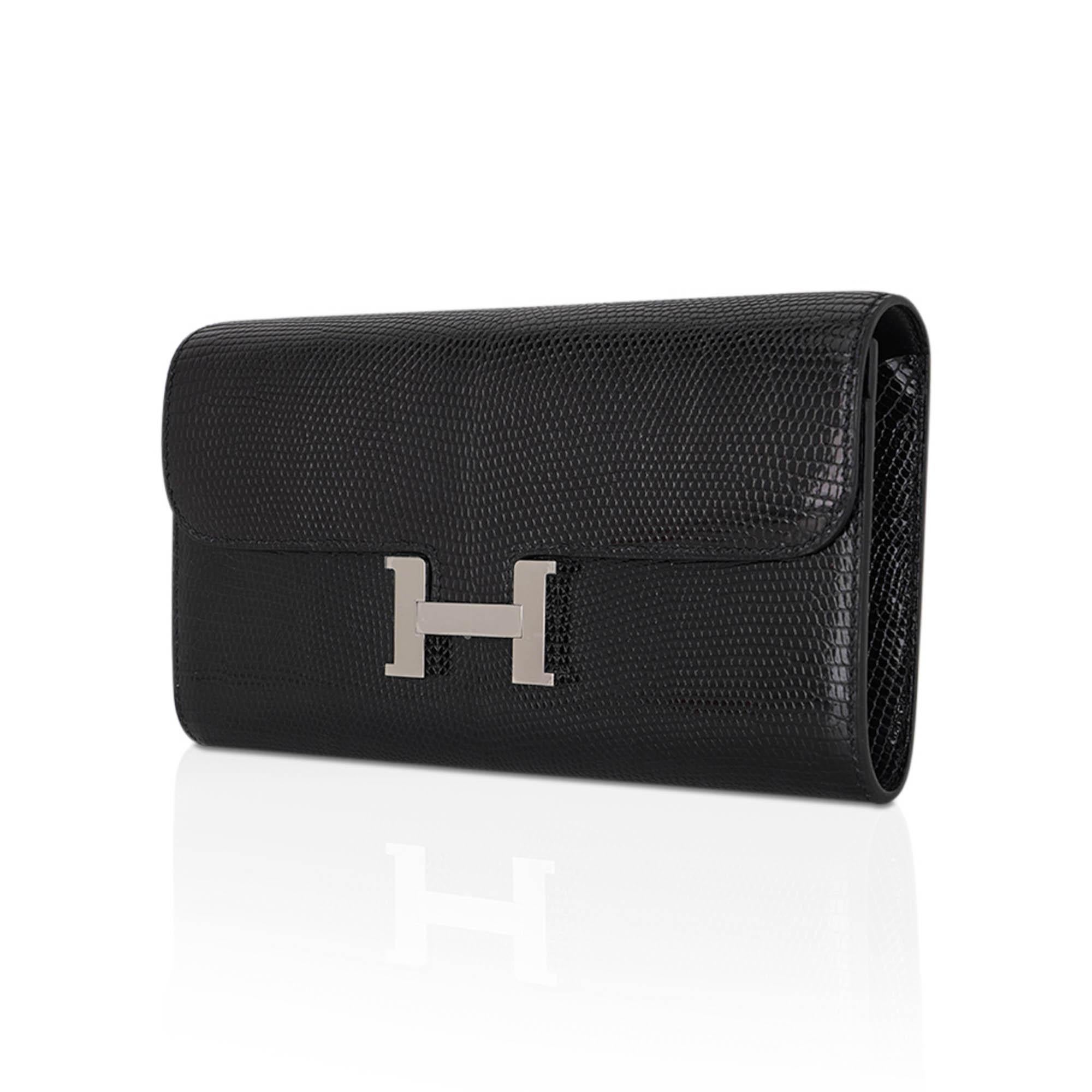 Women's Hermes Constance Long To Go Wallet Bag Black Lizard Palladium Hardware For Sale