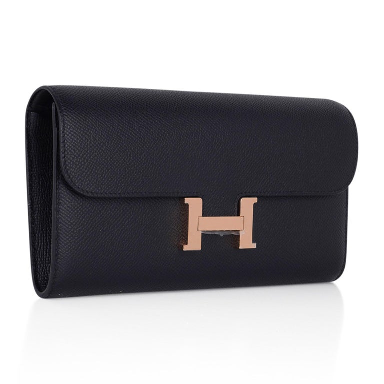 Hermes Constance Long To Go Wallet Black Rose Gold Hardware Epsom New w/ Box In New Condition For Sale In Miami, FL