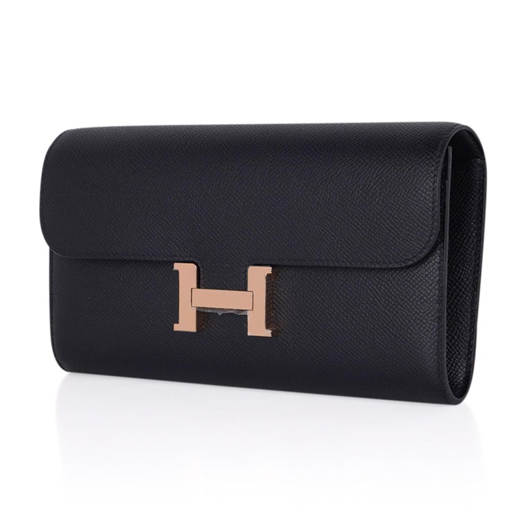 Hermes Constance Long To Go Wallet Black Rose Gold Hardware Epsom New w/ Box For Sale 1