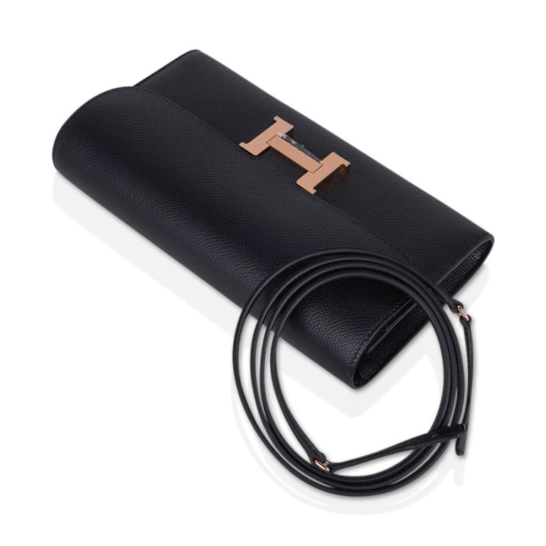 Hermes Constance Long To Go Wallet Black Rose Gold Hardware Epsom New w/ Box For Sale 2