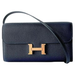 Hermes Constance Long To Go Wallet In Bleu Nuit, Navy Blue And Gold Hardware