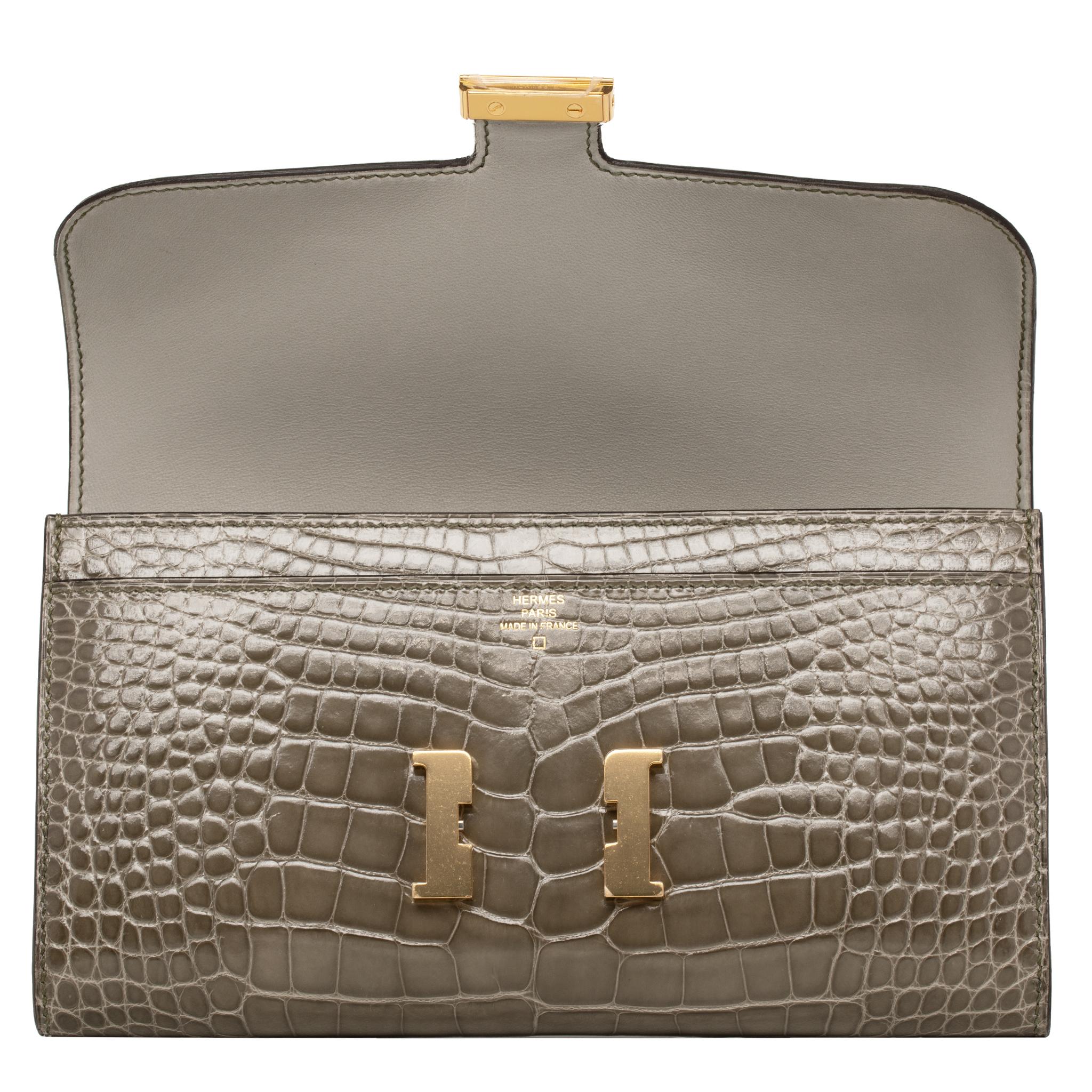 da uomo o donna Hermès Constance Portafoglio lungo Gris Tourterelle Alligatore lucido Hardware oro