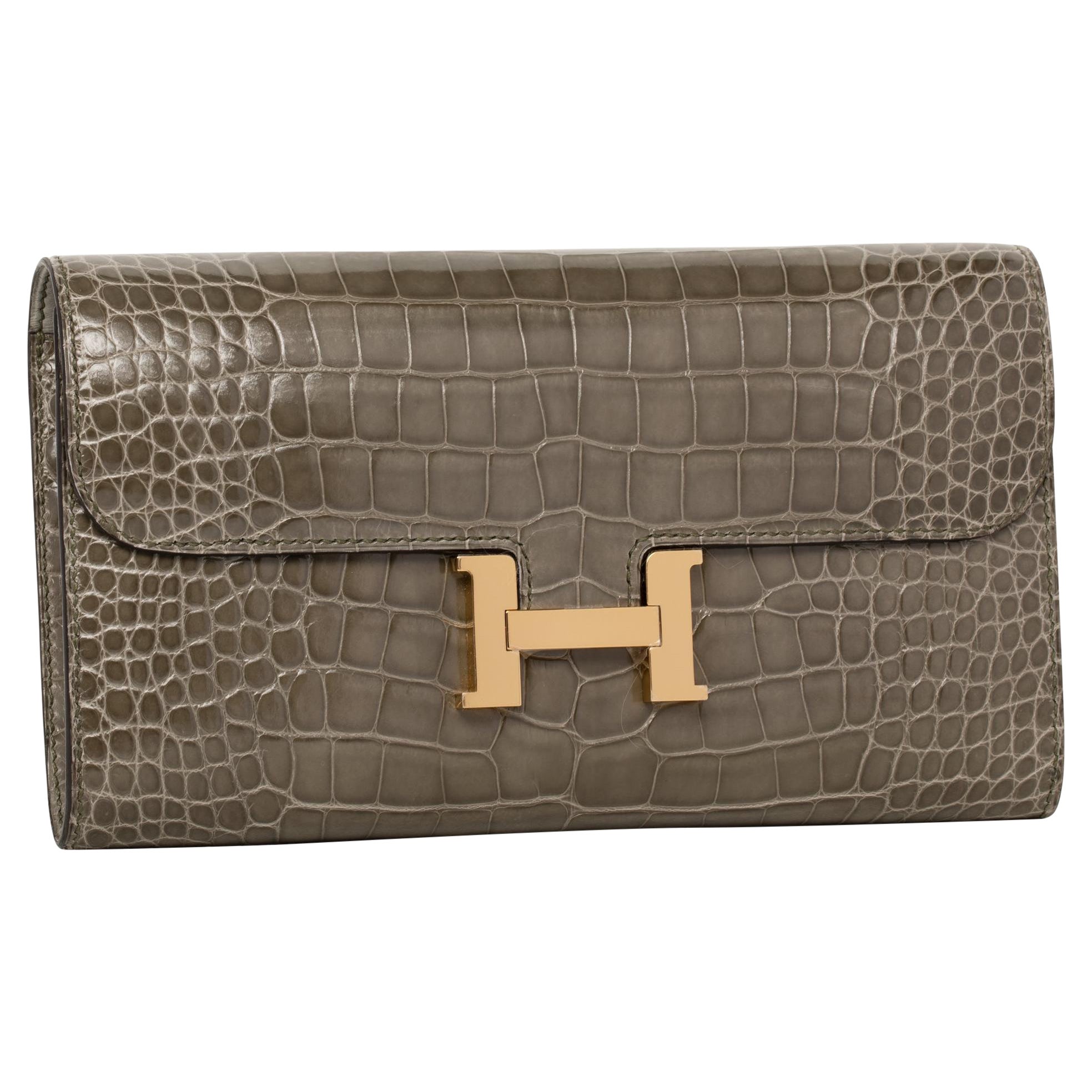 Hermès Constance Long Wallet Gris Tourterelle Shiny Alligator Gold Hardware