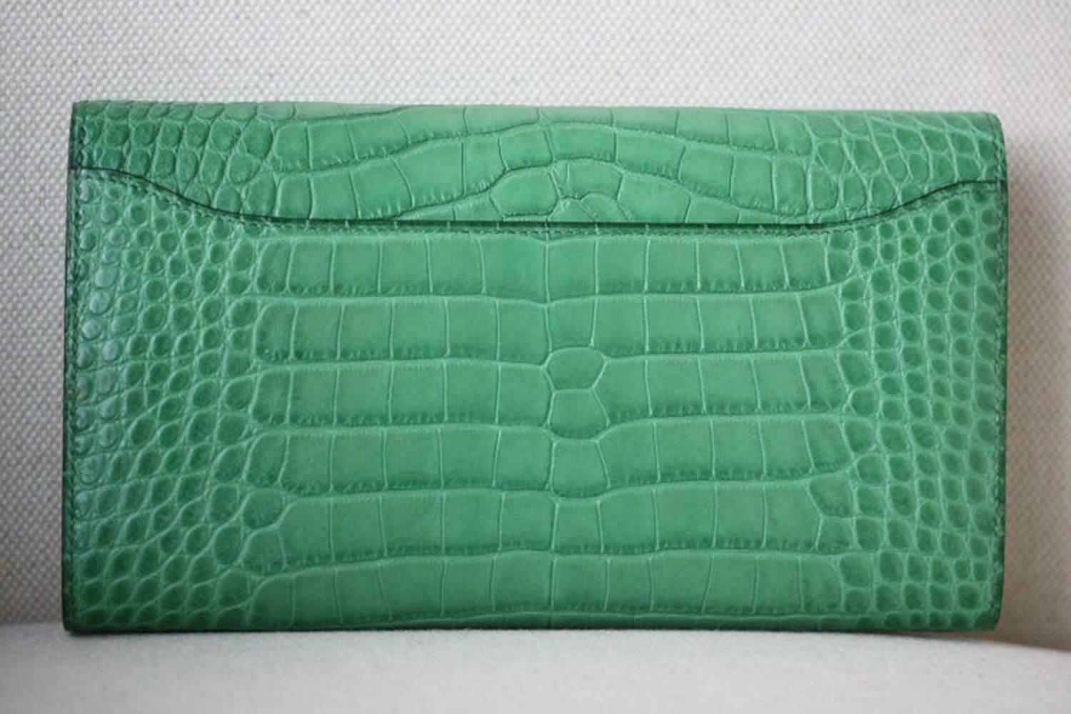 Blue Hermès Constance Matte Crocodile Palladium H/W Wallet