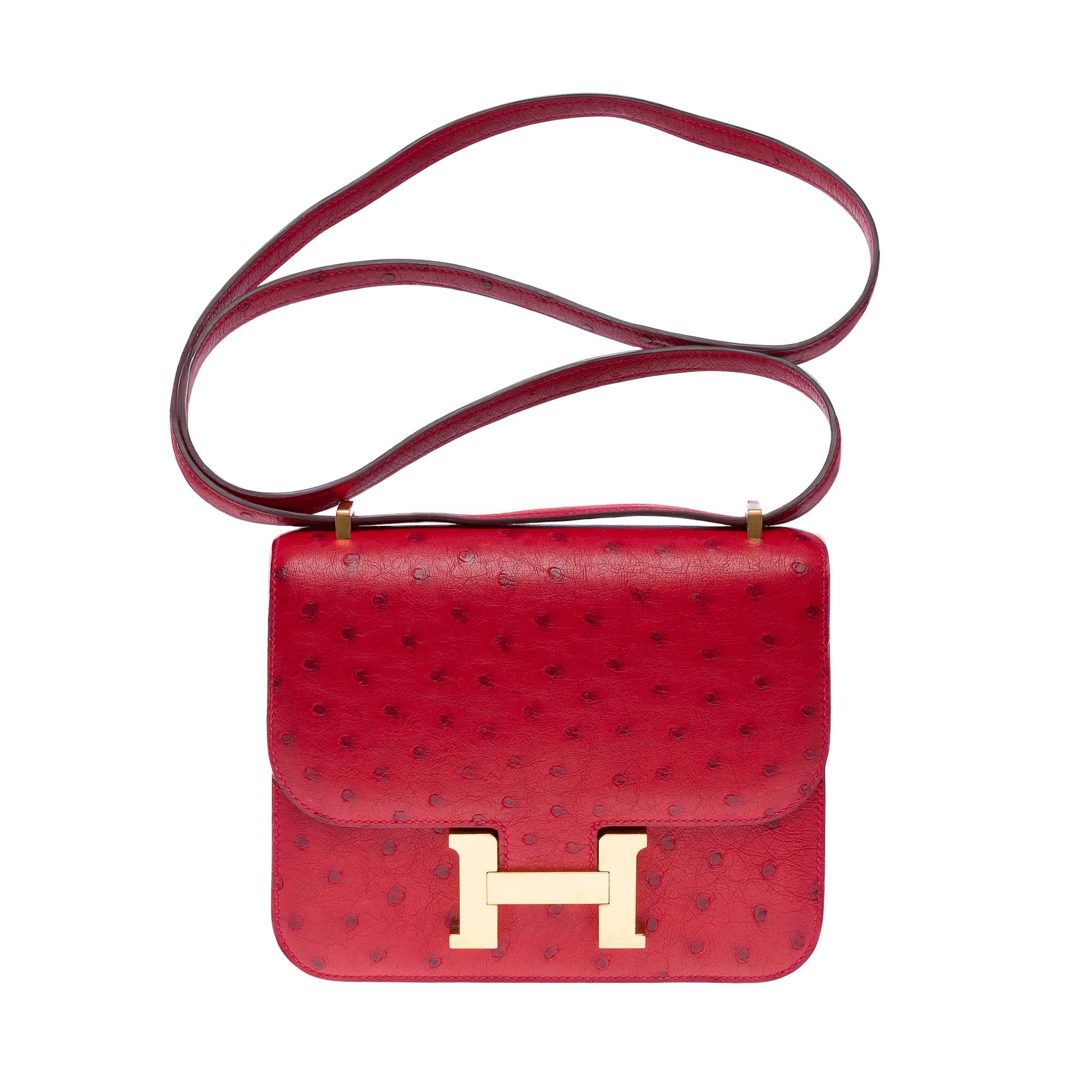 Red Hermès Constance Mini 18 shoulder bag in Rouge Vif ostrich leather, GHW For Sale
