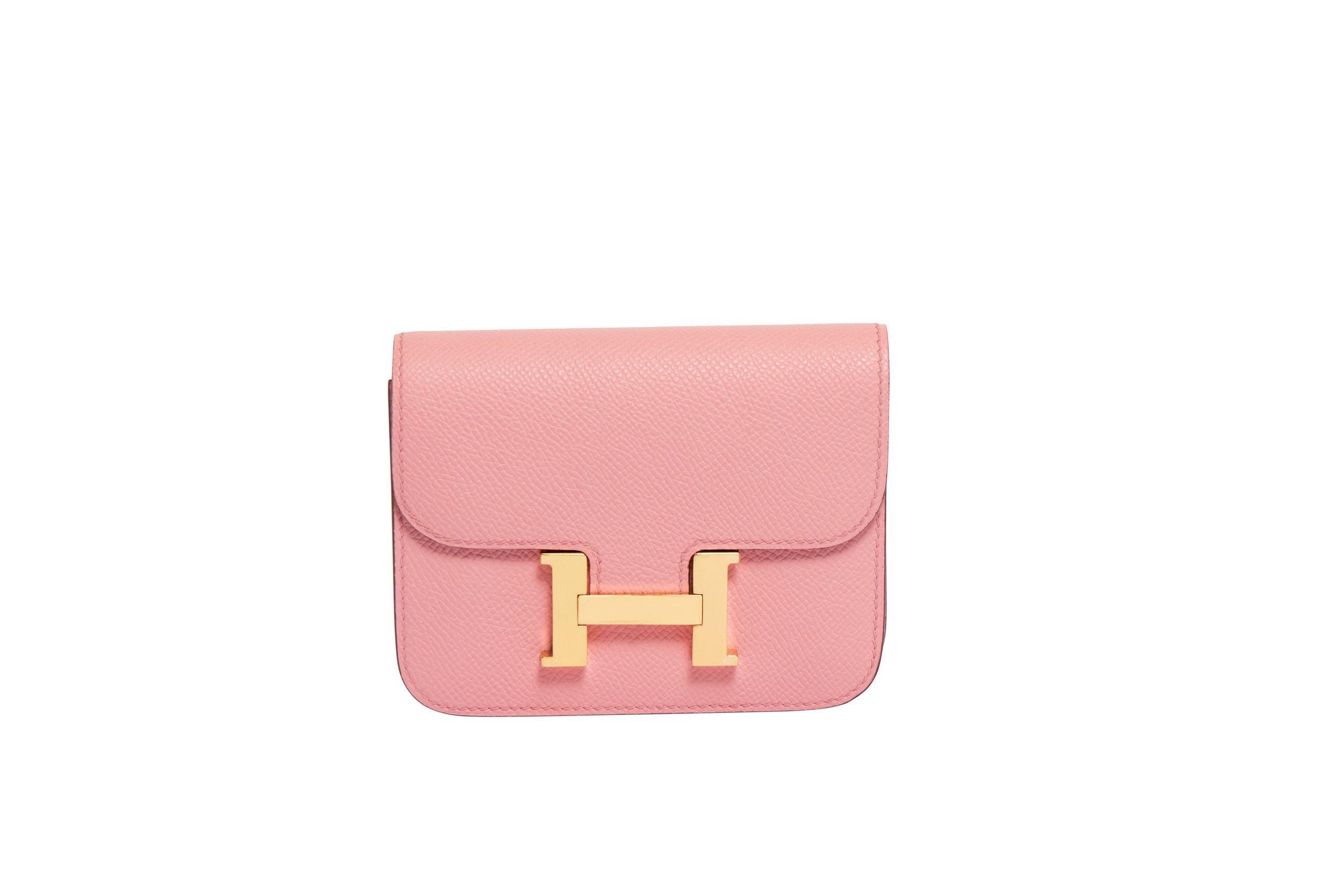 Hermes Epsom Constance mini pink leather pochette with a detachable card case inside. Gold metale hardware and H logo Removable and adjustable pink azalee leather belt with gold metal H logo buckle. Comes with original box and dust cover and ribbon