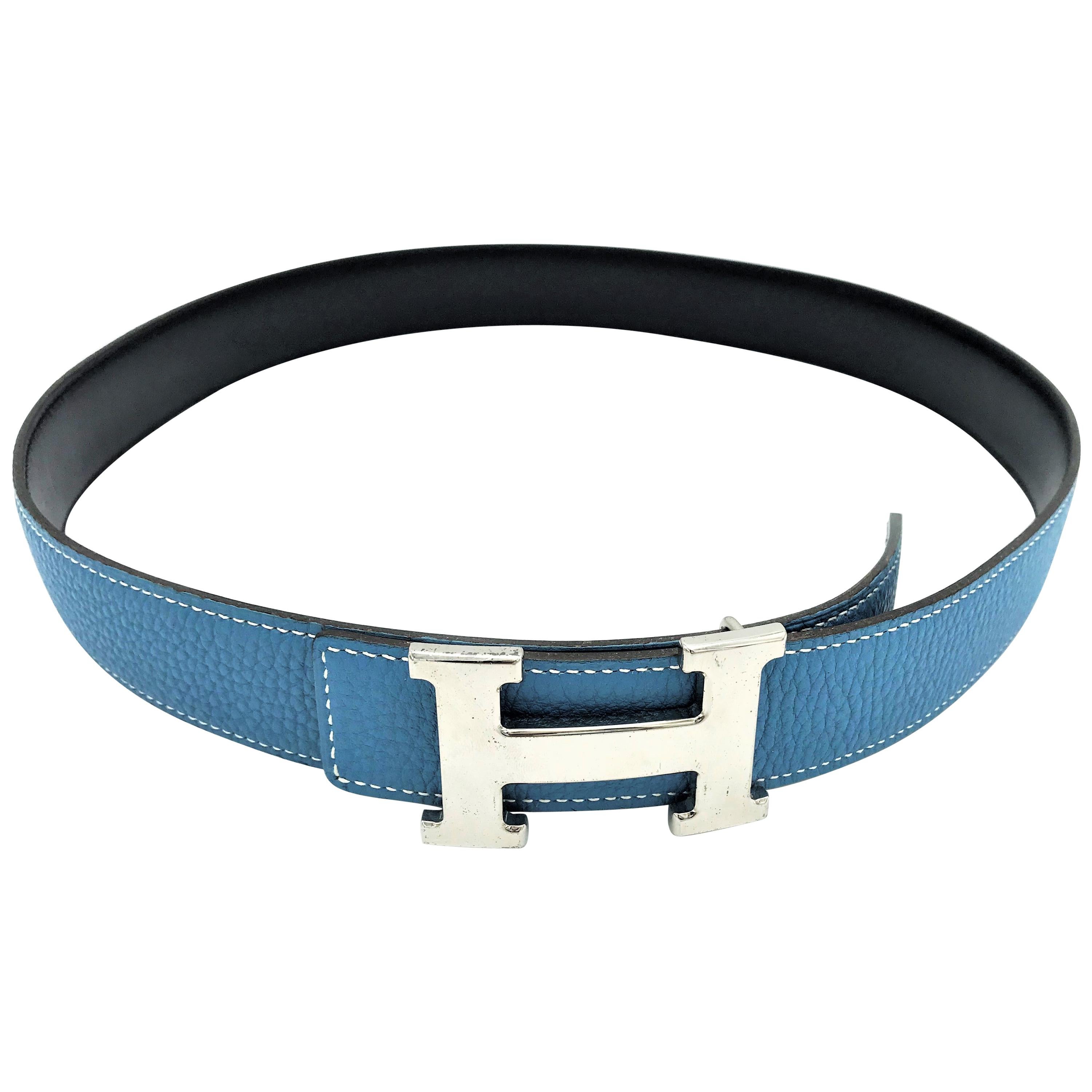 Hermes Constance reversible belt in blue jeans/black calfskin