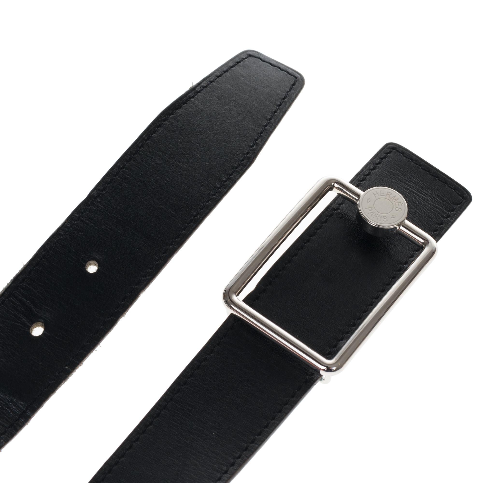 HERMES Paris made in France *32mm reversible belt in black calf box and Clémence taurillon blue jeans, buckle 