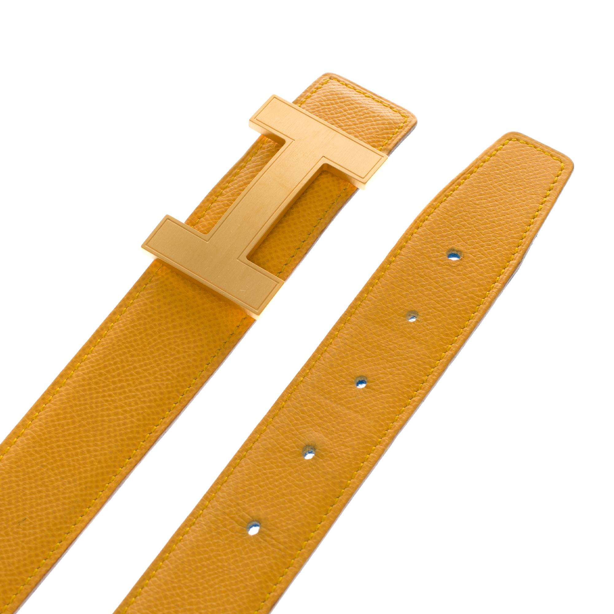 Orange Hermès Constance reversible belt in Yellow and blue epsom  leather, Quizz buckle