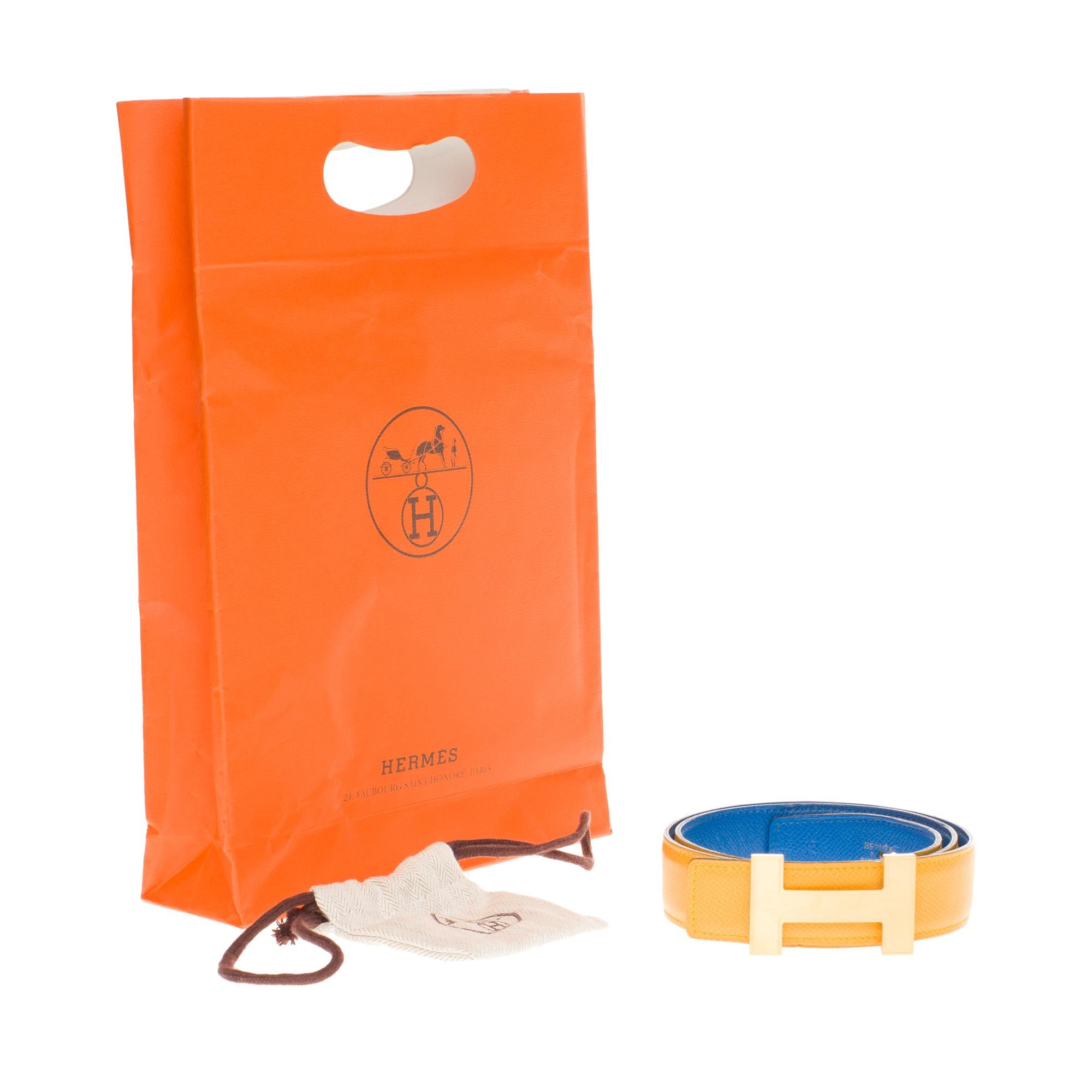 Hermès Constance reversible belt in Yellow and blue epsom  leather, Quizz buckle 4