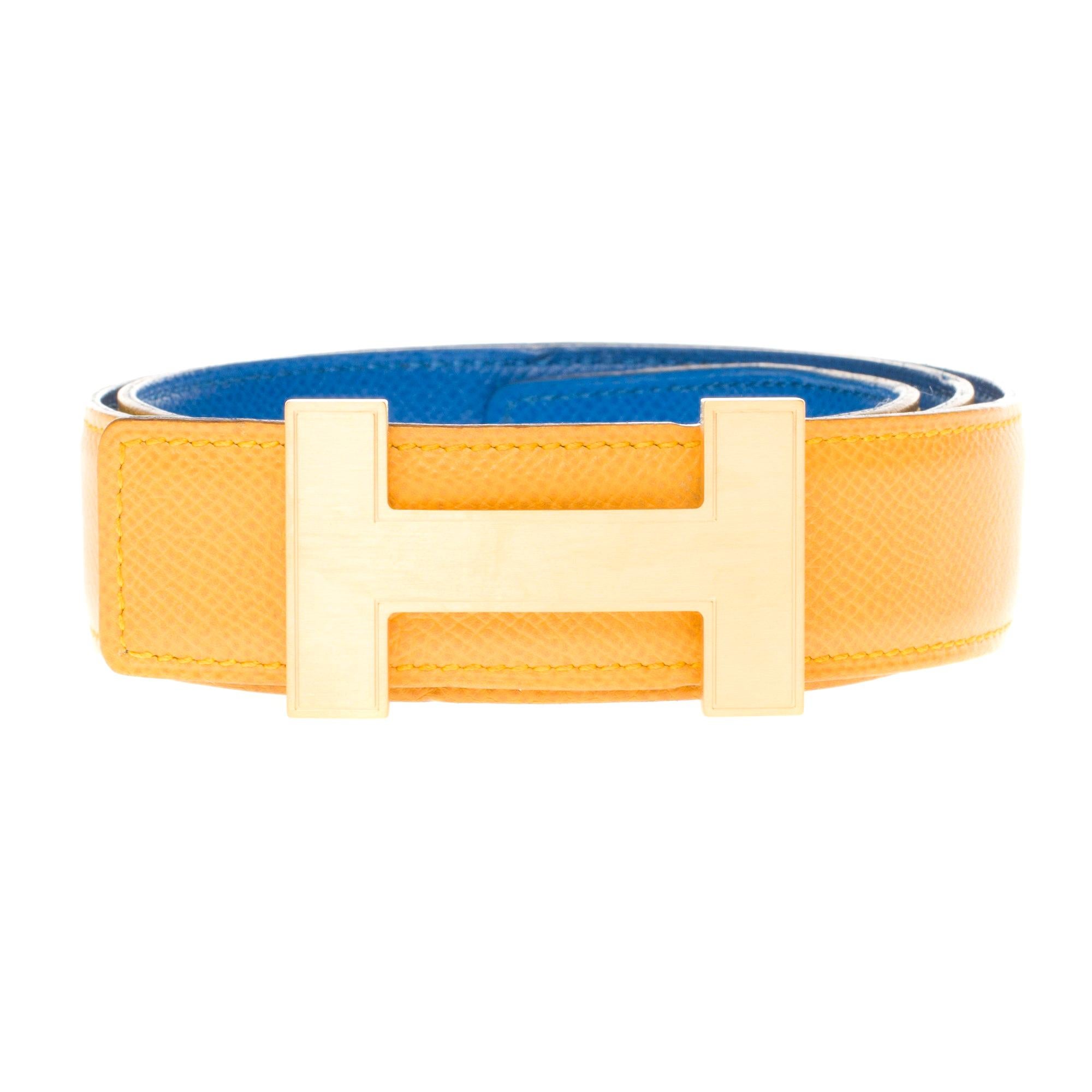 Hermès Constance reversible belt in Yellow and blue epsom  leather, Quizz buckle