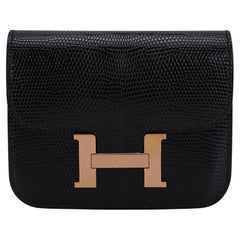 Hermes Constance Slim Portafoglio Cintura Borsa Nero Lucertola Hardware Oro Rosa